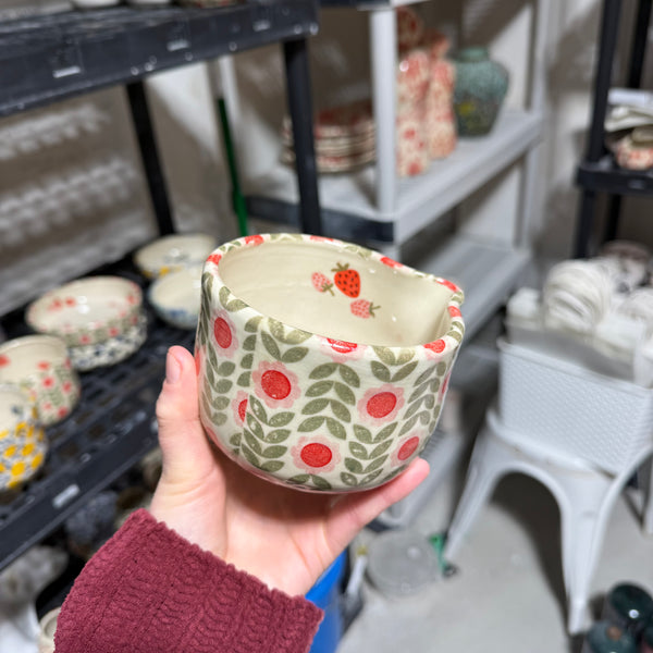 Pink Dutch Floral with Strawberries Inside Matcha Bowl