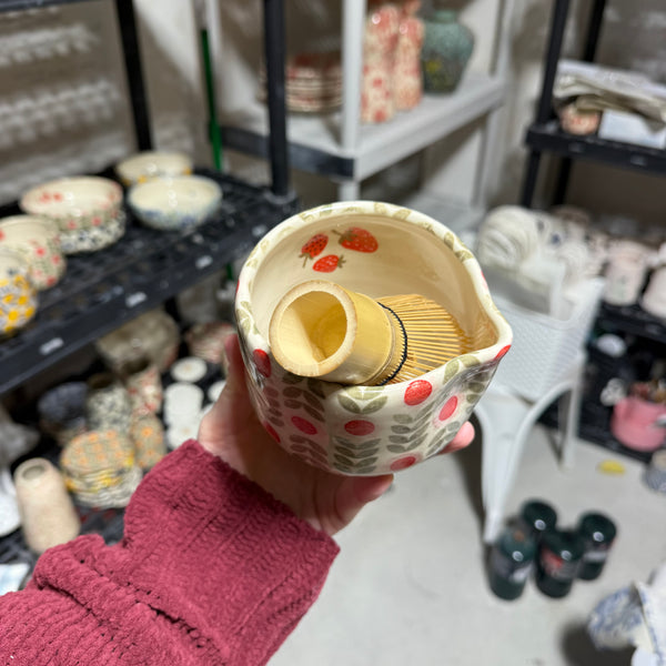 Pink Dutch Floral with Strawberries Inside Matcha Bowl