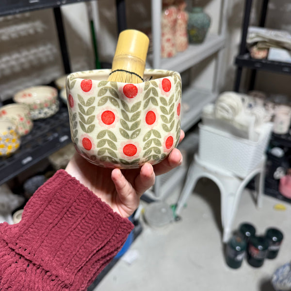 Pink Dutch Floral with Strawberries Inside Matcha Bowl