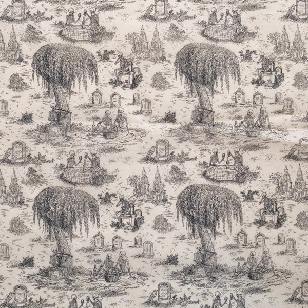Available 9.21.26 Skeleton Picnic Toile Underglaze Transfer Black