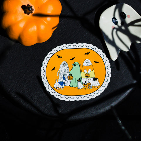 Trick or Treating Ghosties Postage Stamp Inspired Sticker