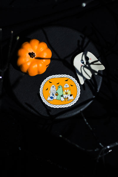 Trick or Treating Ghosties Postage Stamp Inspired Sticker