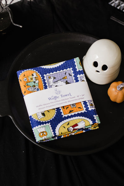 Ghosties on Stamps Waffle Knit Tea Towel