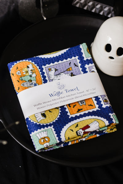 Ghosties on Stamps Waffle Knit Tea Towel