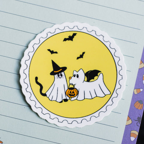 Ghostie Dog and Cat Postage Stamp Inspired Sticker