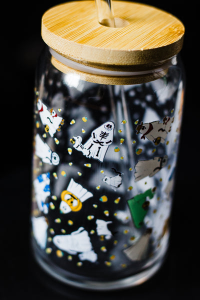 Ghosties in Costumes Glass cup with Glass Straw and Bamboo Lid- Dishwasher Safe