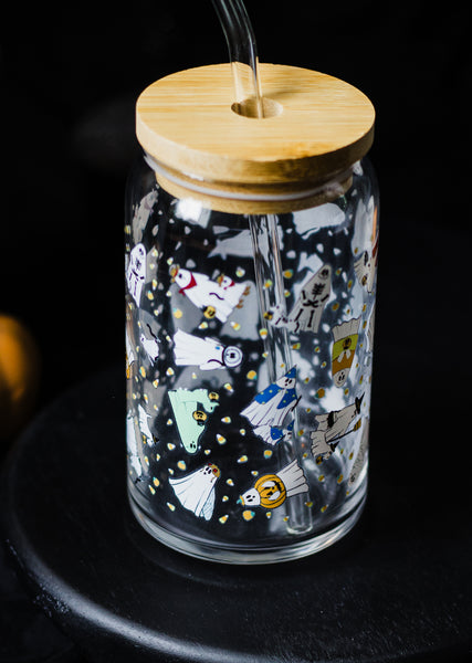 Ghosties in Costumes Glass cup with Glass Straw and Bamboo Lid- Dishwasher Safe