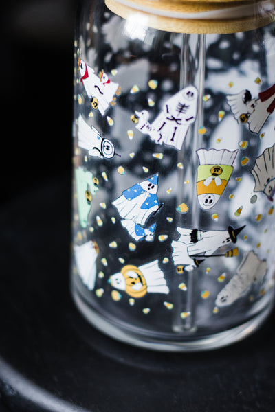 Ghosties in Costumes Glass cup with Glass Straw and Bamboo Lid- Dishwasher Safe