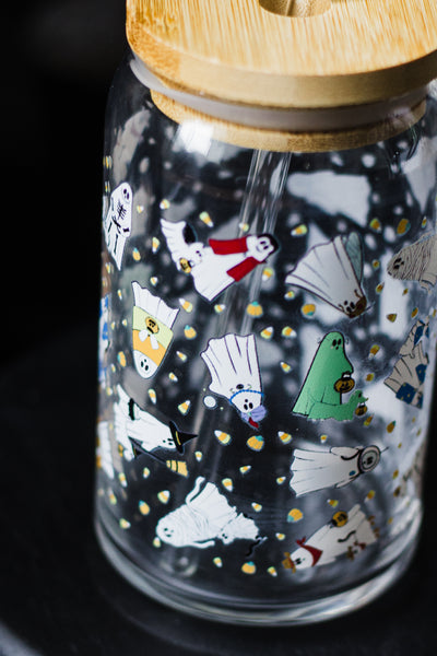 Ghosties in Costumes Glass cup with Glass Straw and Bamboo Lid- Dishwasher Safe