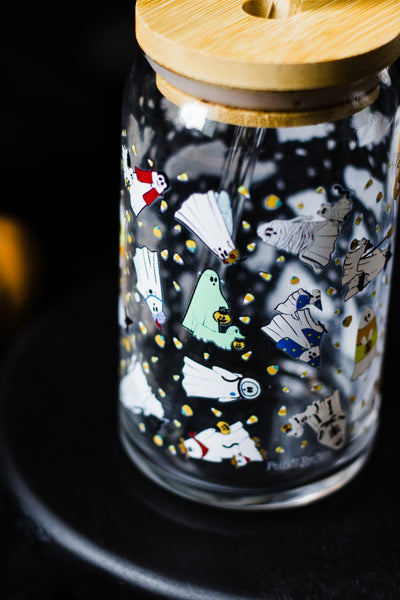 Ghosties in Costumes Glass cup with Glass Straw and Bamboo Lid- Dishwasher Safe