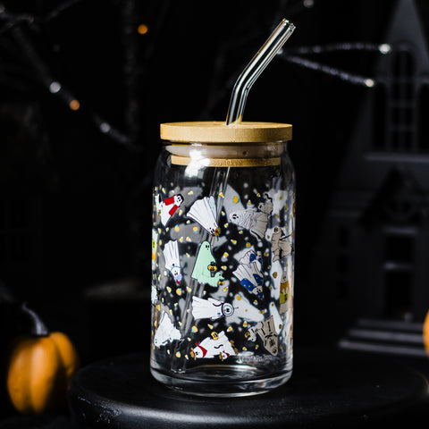 Ghosties in Costumes Glass cup with Glass Straw and Bamboo Lid- Dishwasher Safe