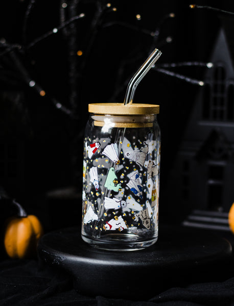 Ghosties in Costumes Glass cup with Glass Straw and Bamboo Lid- Dishwasher Safe