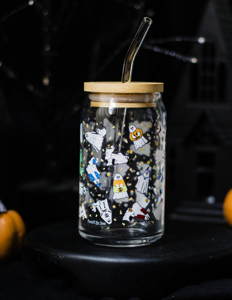 Ghosties in Costumes Glass cup with Glass Straw and Bamboo Lid- Dishwasher Safe