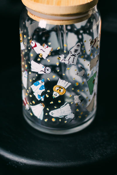 Ghosties in Costumes Glass cup with Glass Straw and Bamboo Lid- Dishwasher Safe