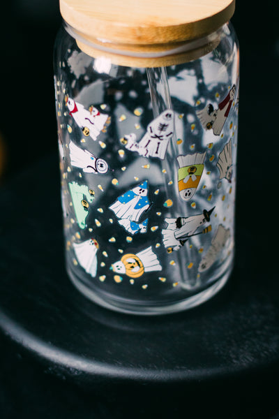 Ghosties in Costumes Glass cup with Glass Straw and Bamboo Lid- Dishwasher Safe
