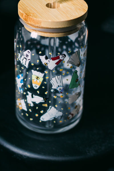 Ghosties in Costumes Glass cup with Glass Straw and Bamboo Lid- Dishwasher Safe