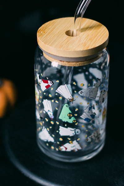 Ghosties in Costumes Glass cup with Glass Straw and Bamboo Lid- Dishwasher Safe