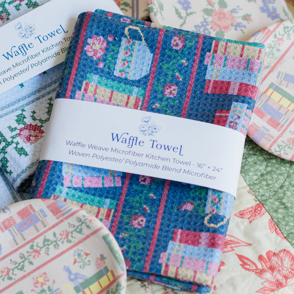 Cross Stitch Bookshelf Waffle Knit Tea Towel