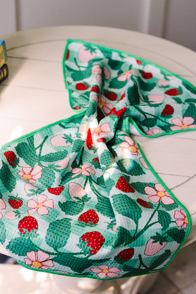 Strawberry Picnic- Green Waffle Knit Tea Towel
