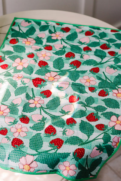 Strawberry Picnic- Green Waffle Knit Tea Towel