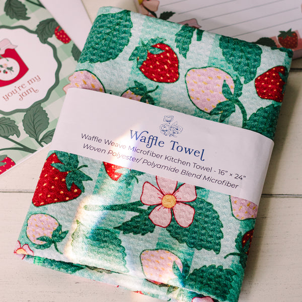Strawberry Picnic- Green Waffle Knit Tea Towel