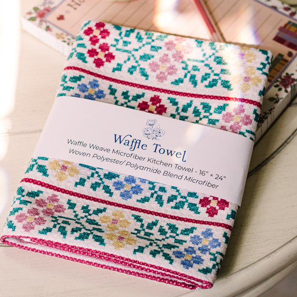Wild Flower Cross Stitch Waffle Knit Tea Towel