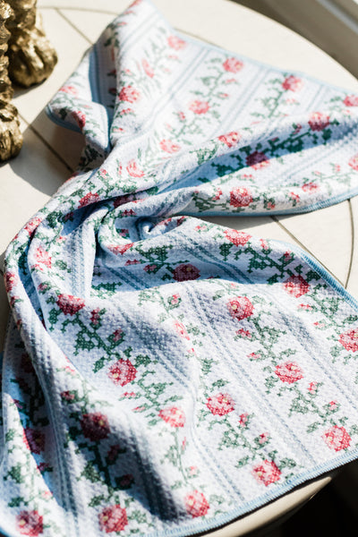 Cross Stitch Rose Vines Waffle Knit Tea Towel