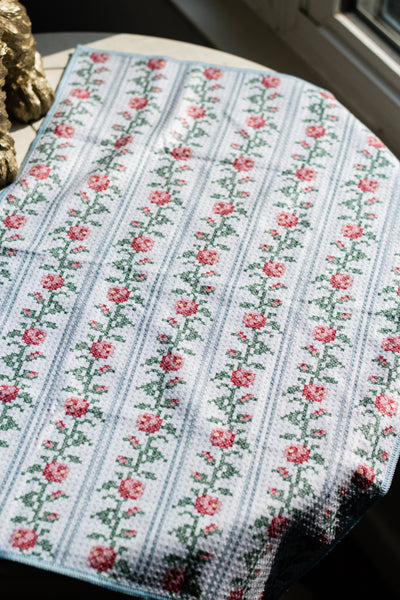 Cross Stitch Rose Vines Waffle Knit Tea Towel