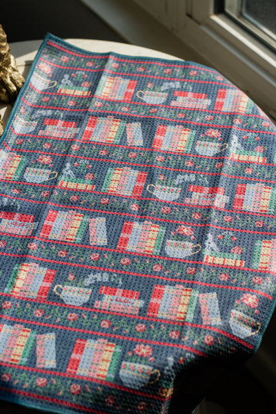 Cross Stitch Bookshelf Waffle Knit Tea Towel