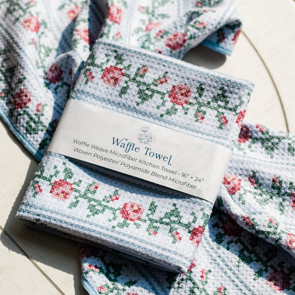 Cross Stitch Rose Vines Waffle Knit Tea Towel