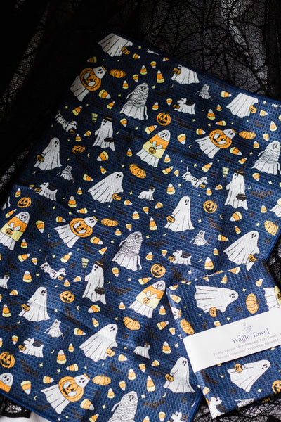 Ghosties on Navy Background 2026 Tea Towel