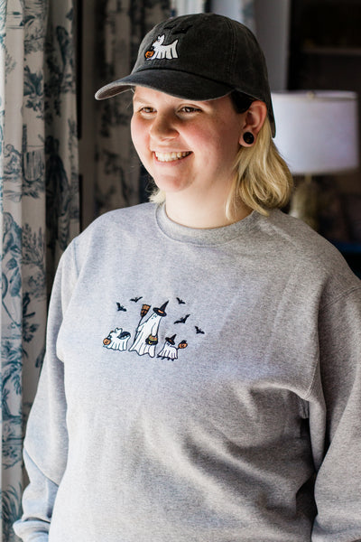 Ghost Boo Walk Grey Embroidered Unisex Crewneck