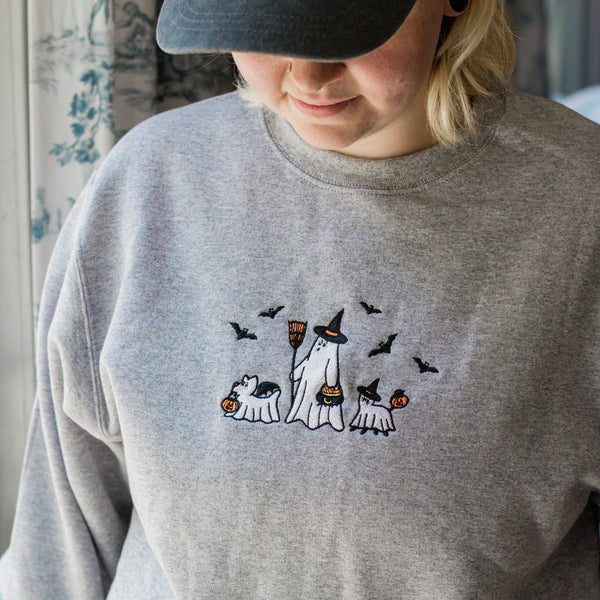 Ghost Boo Walk Grey Embroidered Unisex Crewneck