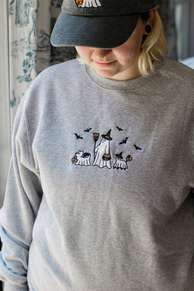 Ghost Boo Walk Grey Embroidered Unisex Crewneck