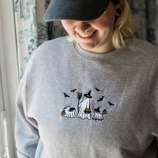 Ghost Boo Walk Grey Embroidered Unisex Crewneck