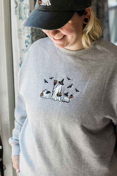 Ghost Boo Walk Grey Embroidered Unisex Crewneck