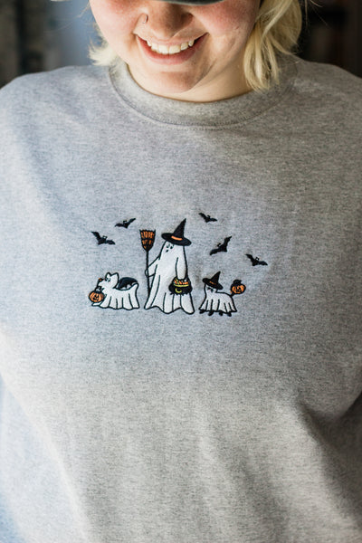 Ghost Boo Walk Grey Embroidered Unisex Crewneck