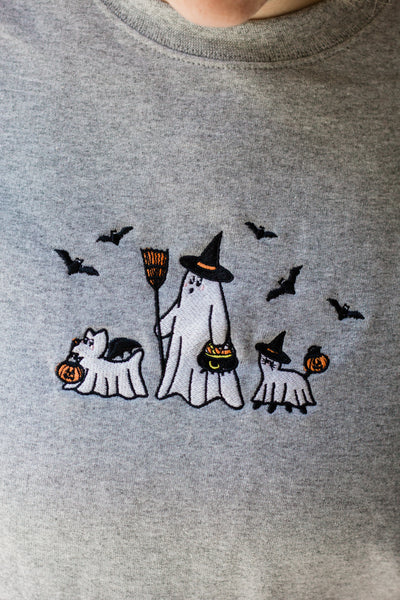 Ghost Boo Walk Grey Embroidered Unisex Crewneck