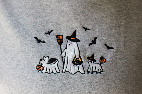 Ghost Boo Walk Grey Embroidered Unisex Crewneck