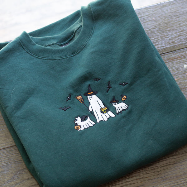 Ghost Boo Walk Green Embroidered Unisex Crewneck