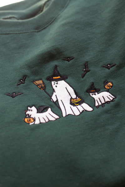 Ghost Boo Walk Green Embroidered Unisex Crewneck